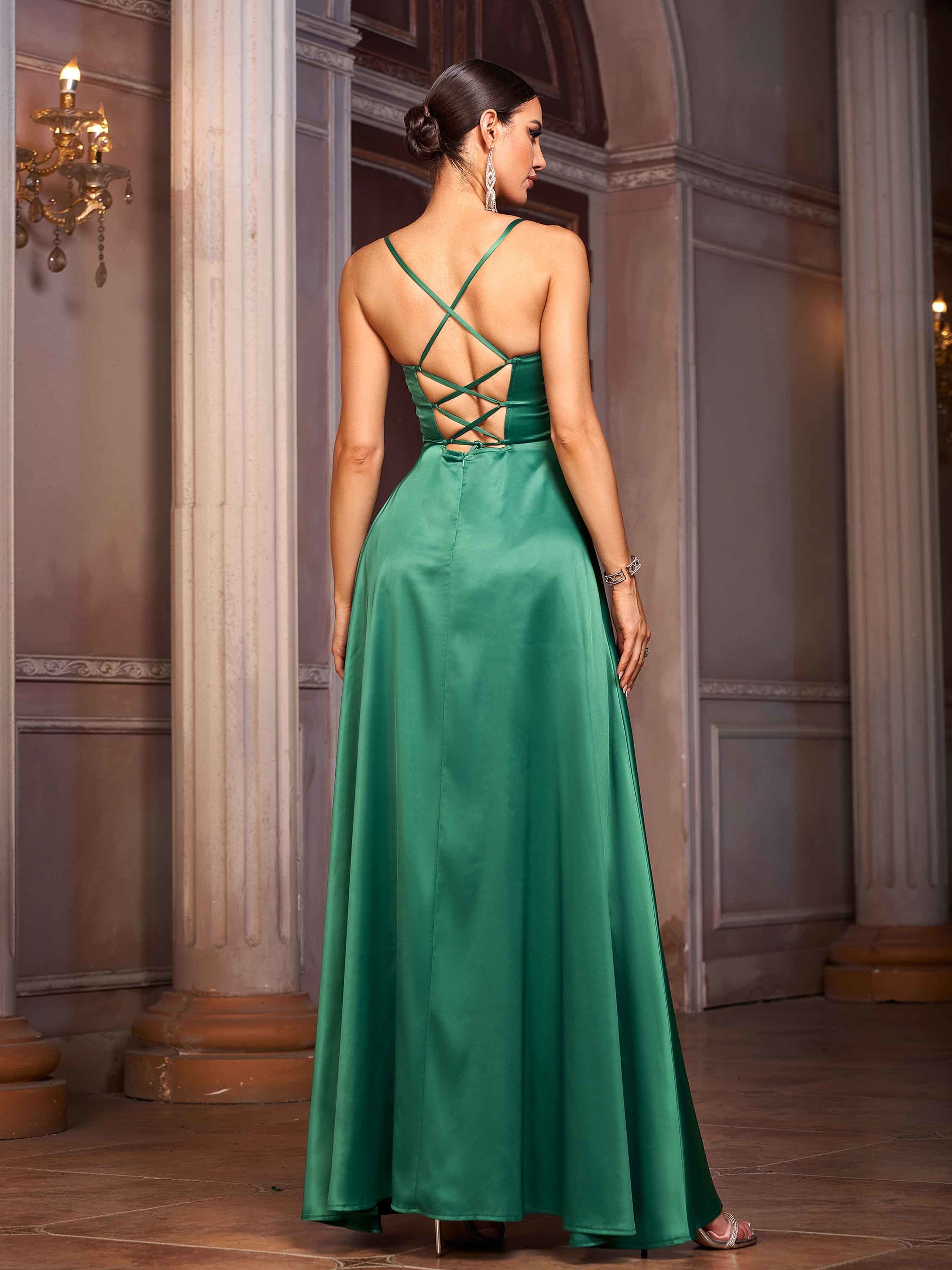 Green Satin Split Back Cross Prom Dress GM00988