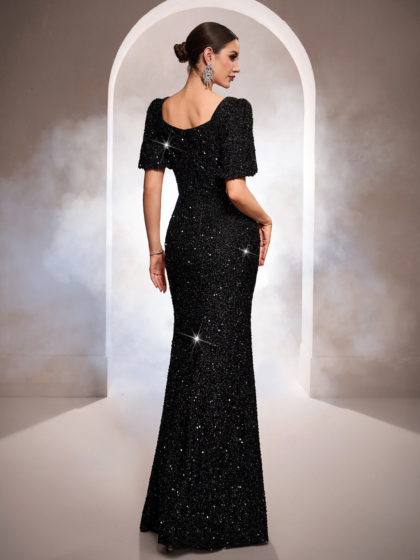Black All-Over Sequin Puff Sleeve Formal Dress GM00994
