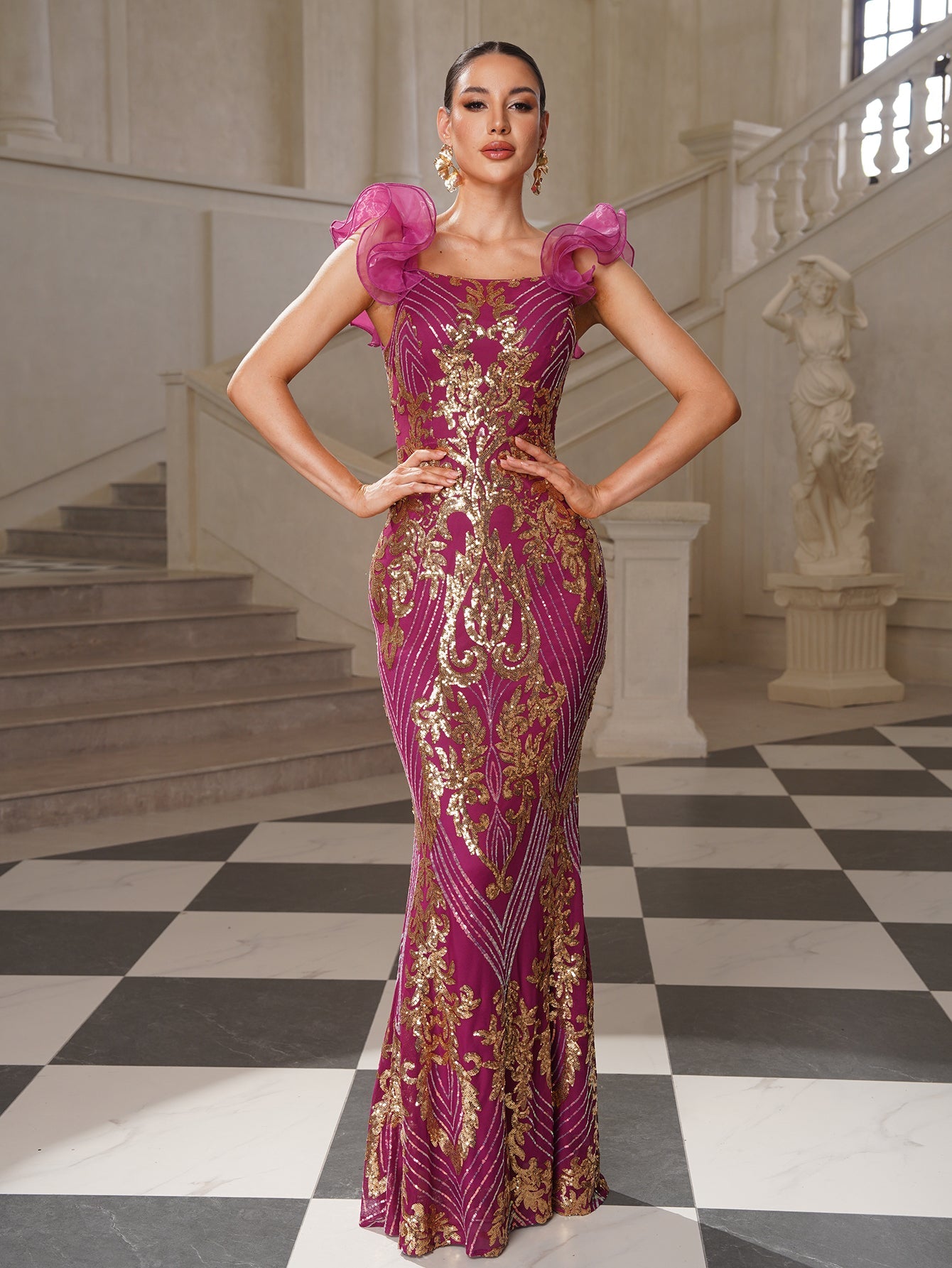 Sequin Ruffle-Sleeve Mermaid Formal Dress GM010125