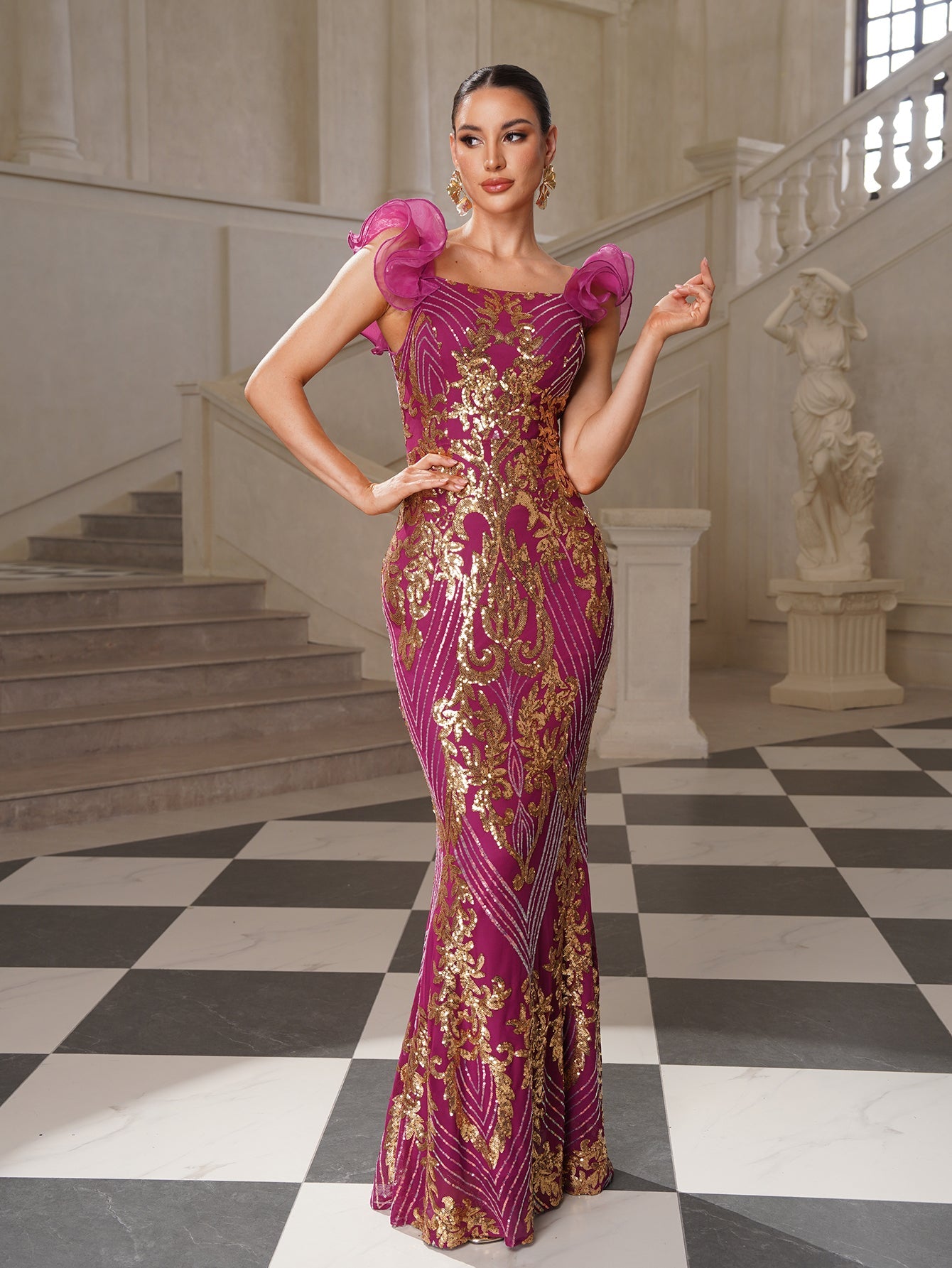 Sequin Ruffle-Sleeve Mermaid Formal Dress GM010125