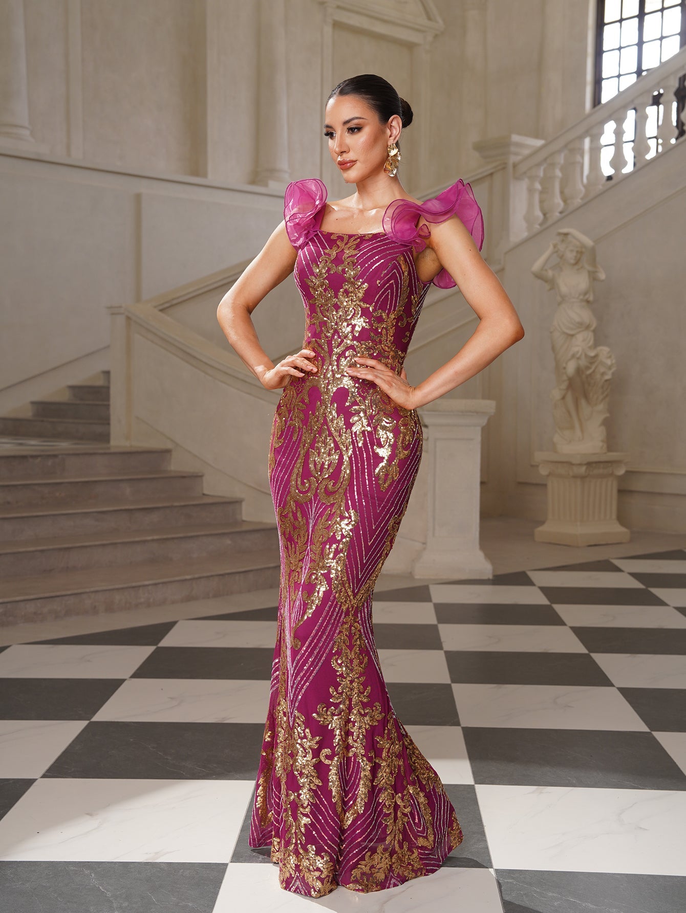 Sequin Ruffle-Sleeve Mermaid Formal Dress GM010125