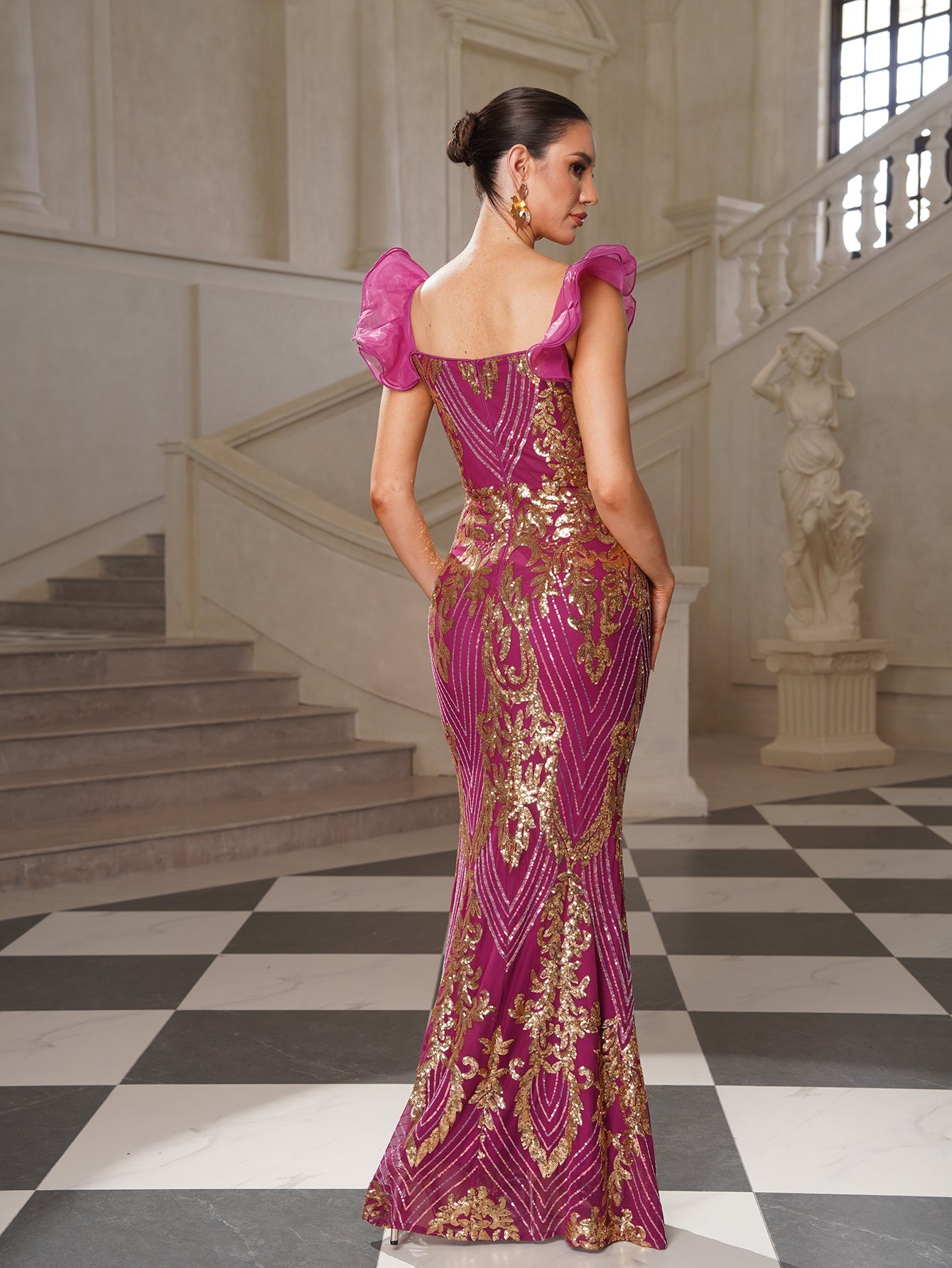 Sequin Ruffle-Sleeve Mermaid Formal Dress GM010125