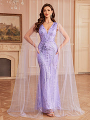 Lavander Sequin V-neck Mesh Evening Dress GM010155