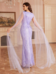 Lavander Sequin V-neck Mesh Evening Dress GM010155