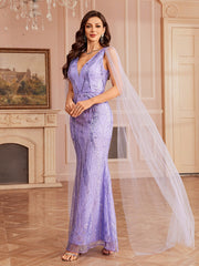 Lavander Sequin V-neck Mesh Evening Dress GM010155
