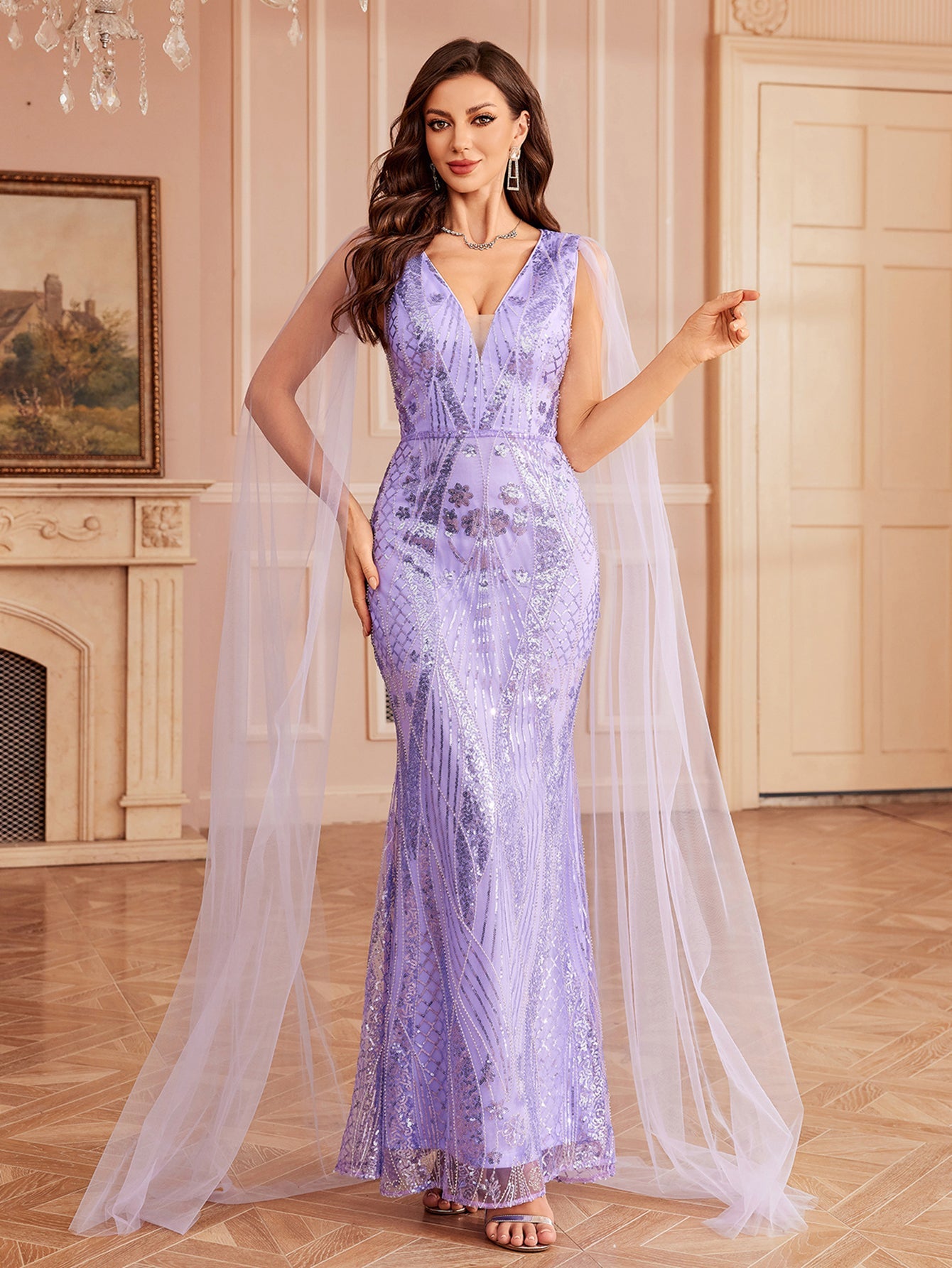 Lavander Sequin V-neck Mesh Evening Dress GM010155