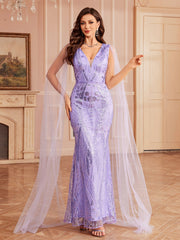 Lavander Sequin V-neck Mesh Evening Dress GM010155