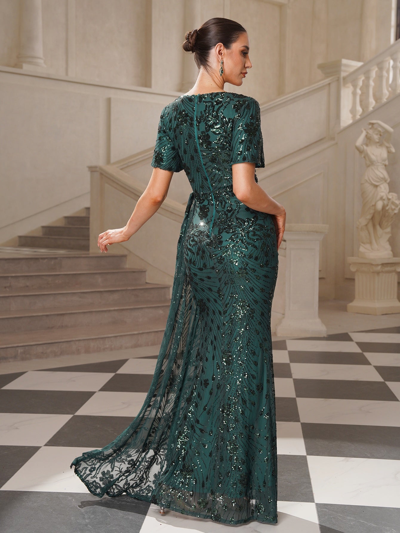 Floral Draped Sequin Split Prom Dress GM010157