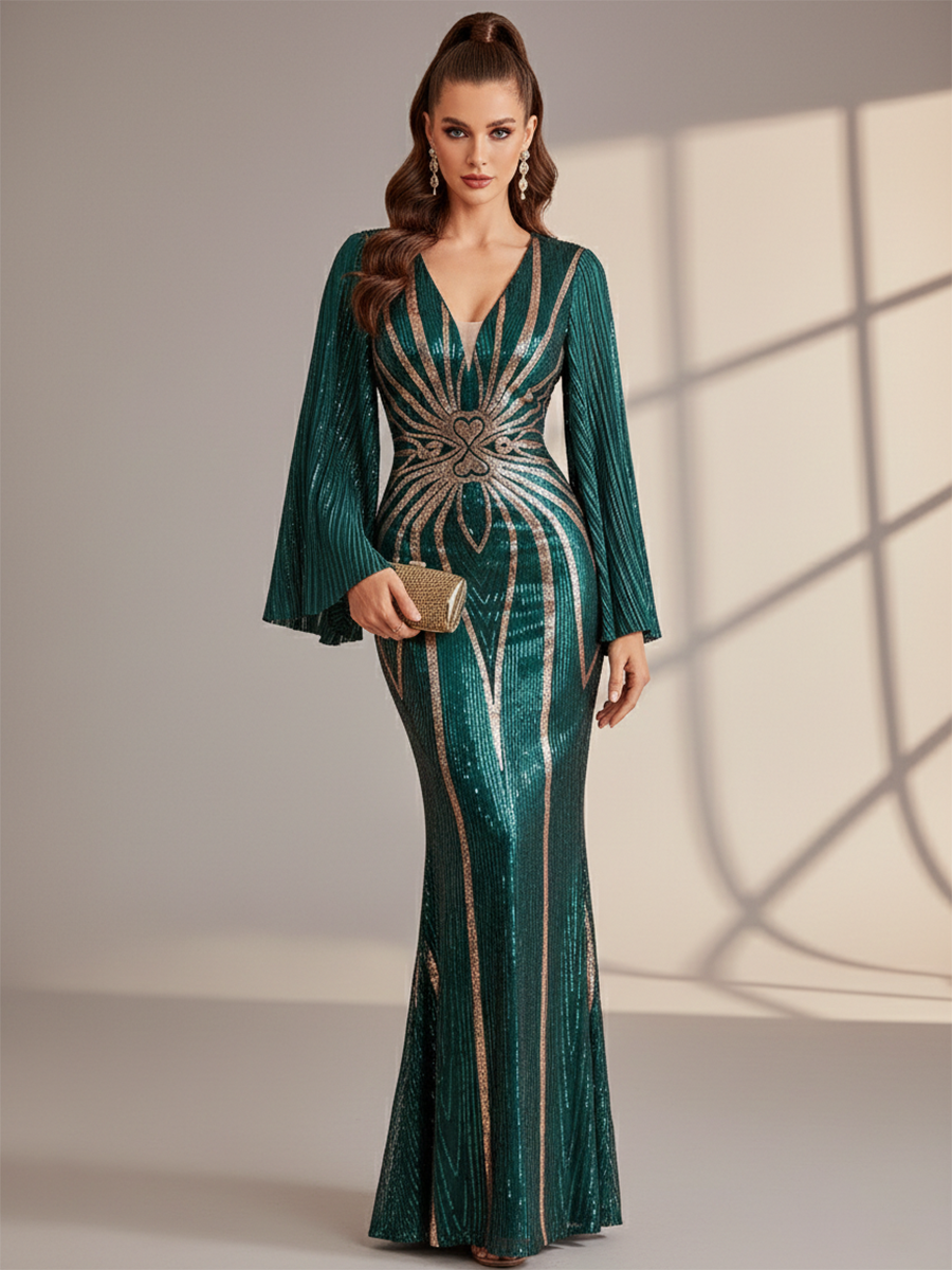 Bell Sleeve Tribal Sequin Formal Dress GM010171