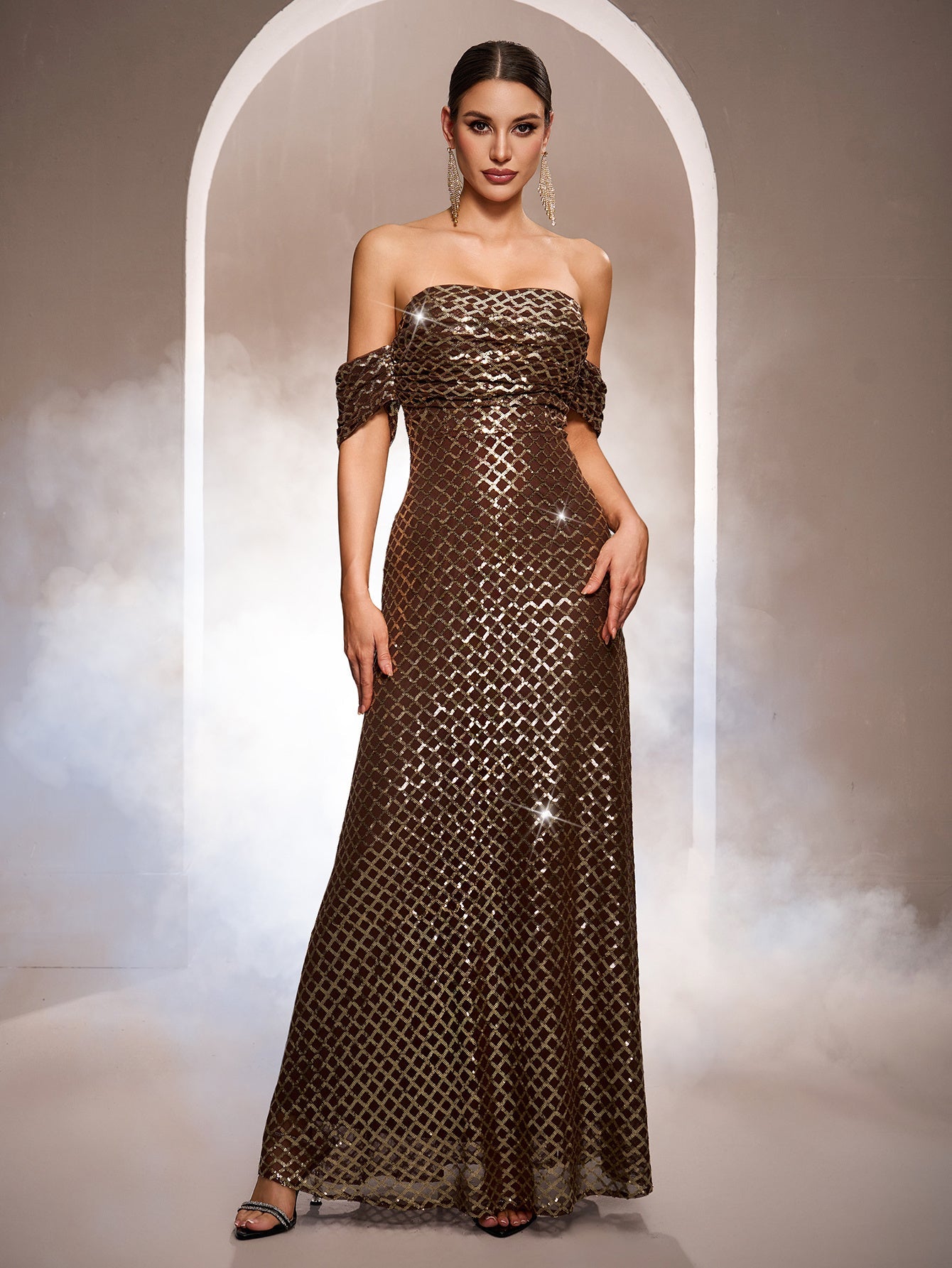 Brown Grid Sequin Off-Shoulder A-line Formal Dress GM010173
