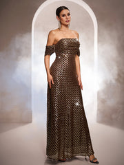 Brown Grid Sequin Off-Shoulder A-line Formal Dress GM010173