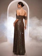 Brown Grid Sequin Off-Shoulder A-line Formal Dress GM010173