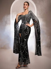 Dramatic Sequin Cape Sleeve Slit Evening Dress GM010179
