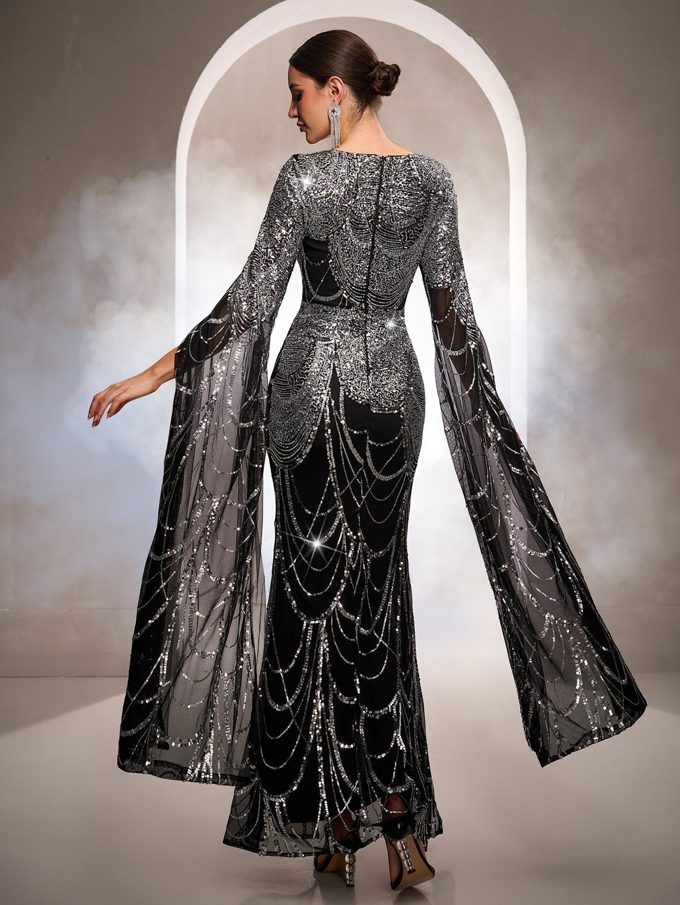Dramatic Sequin Cape Sleeve Slit Evening Dress GM010179