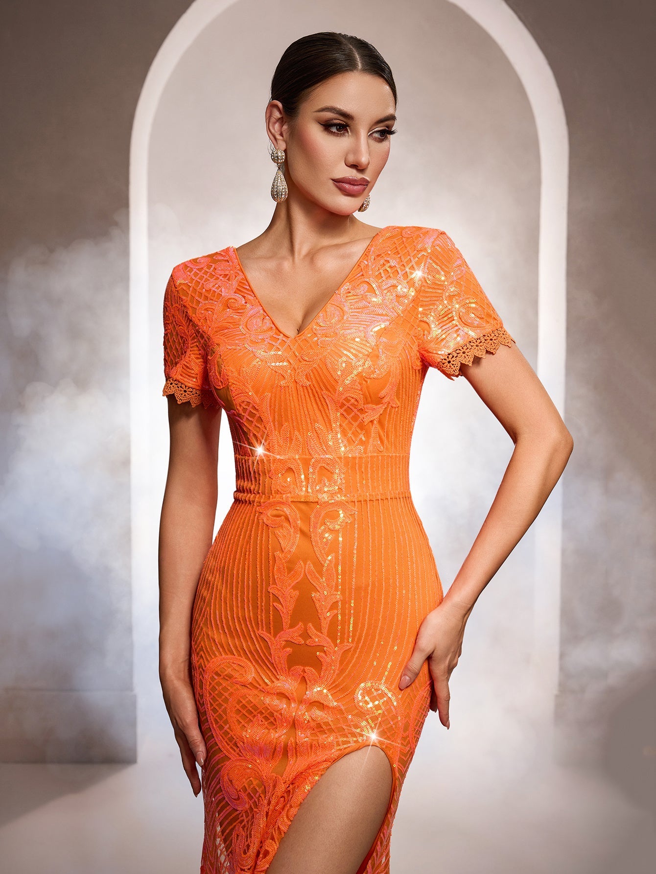 Orange Sequin Embroidered Vibrant Formal Dress GM010191