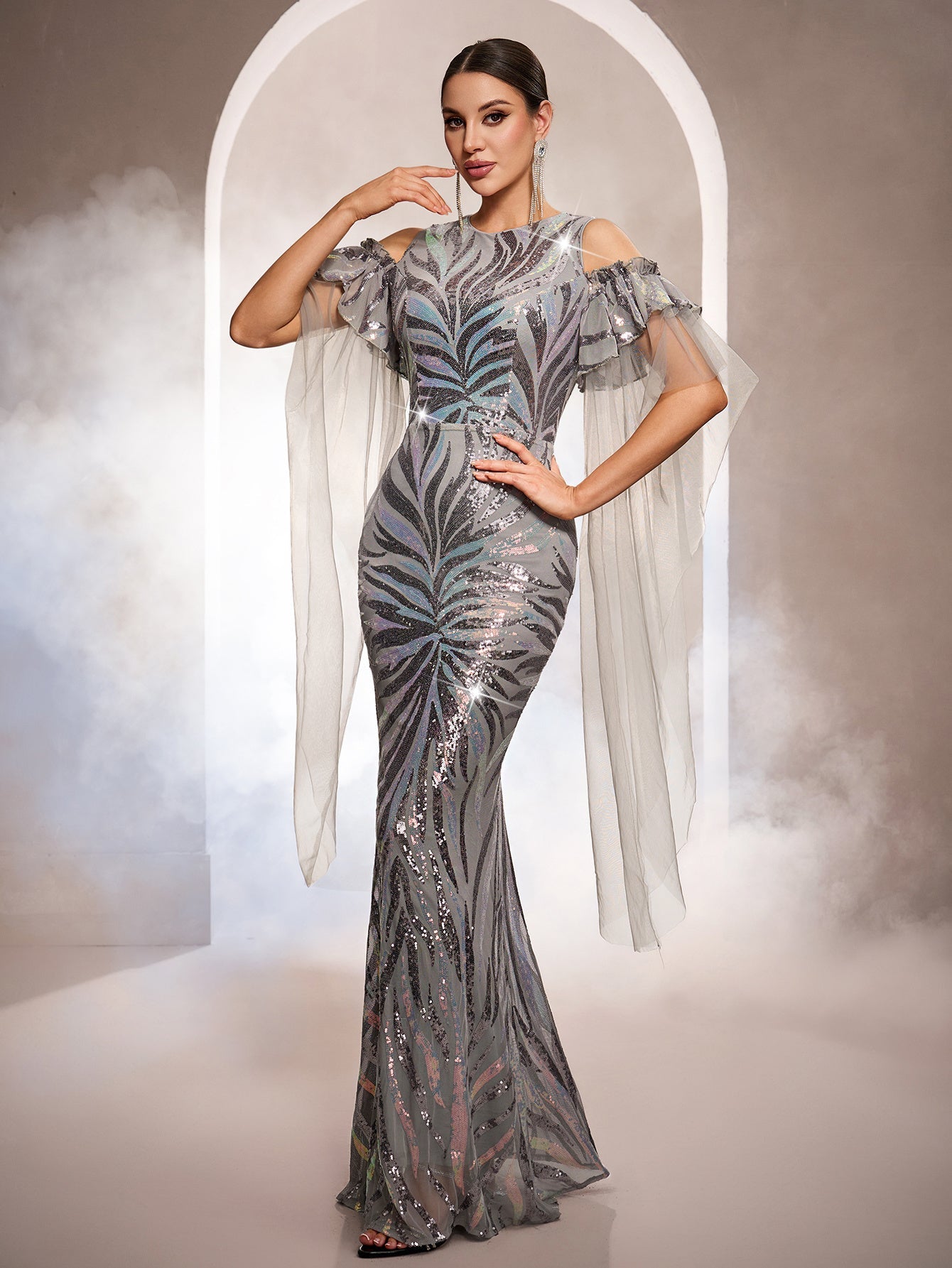 Grey Iridescent Sequin Cold-Shoulder Formal Dress GM010193