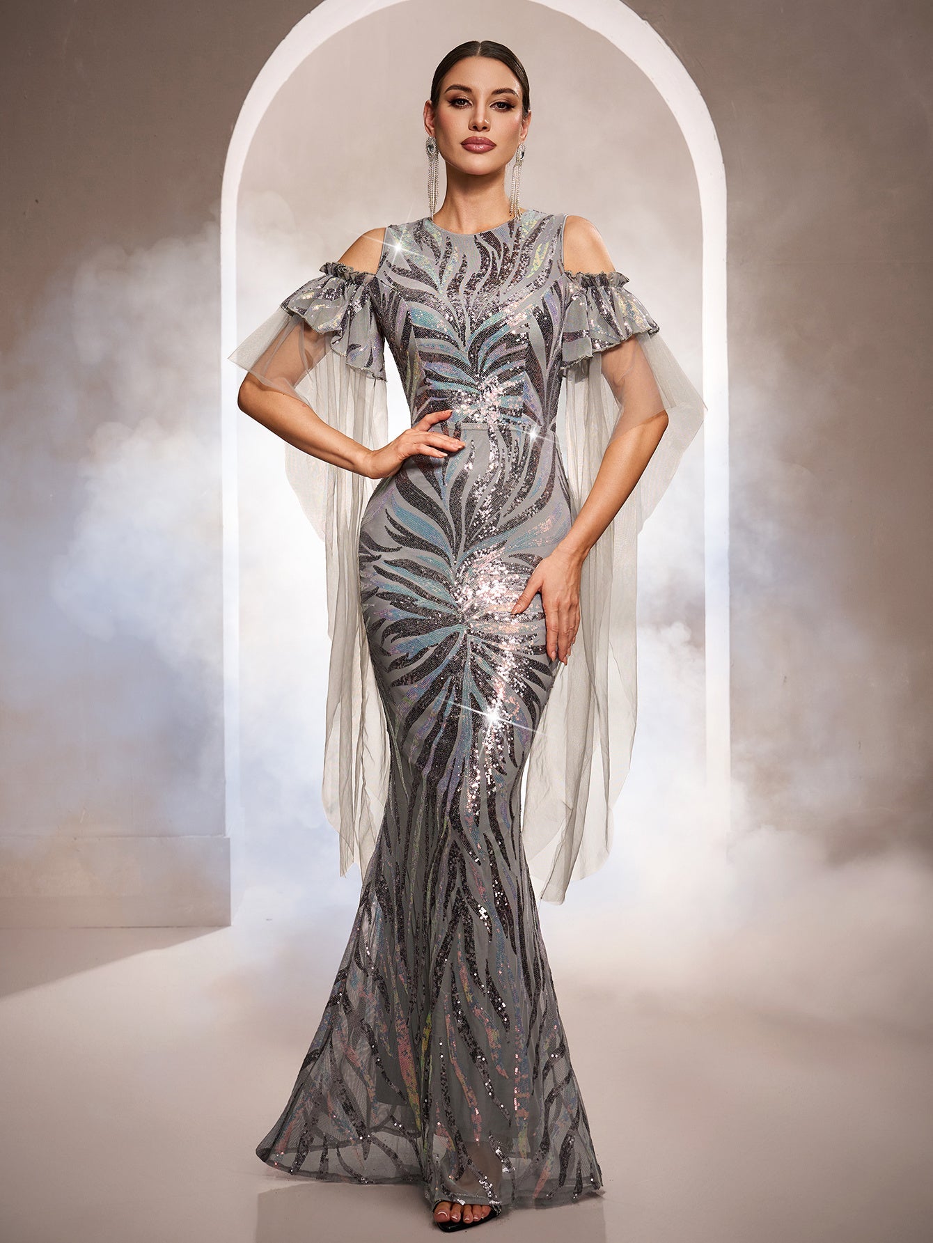 Grey Iridescent Sequin Cold-Shoulder Formal Dress GM010193