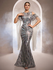 Grey Iridescent Sequin Cold-Shoulder Formal Dress GM010193