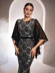 Flowy Cape Sleeves Geometric Sequin Formal Dress GM010195