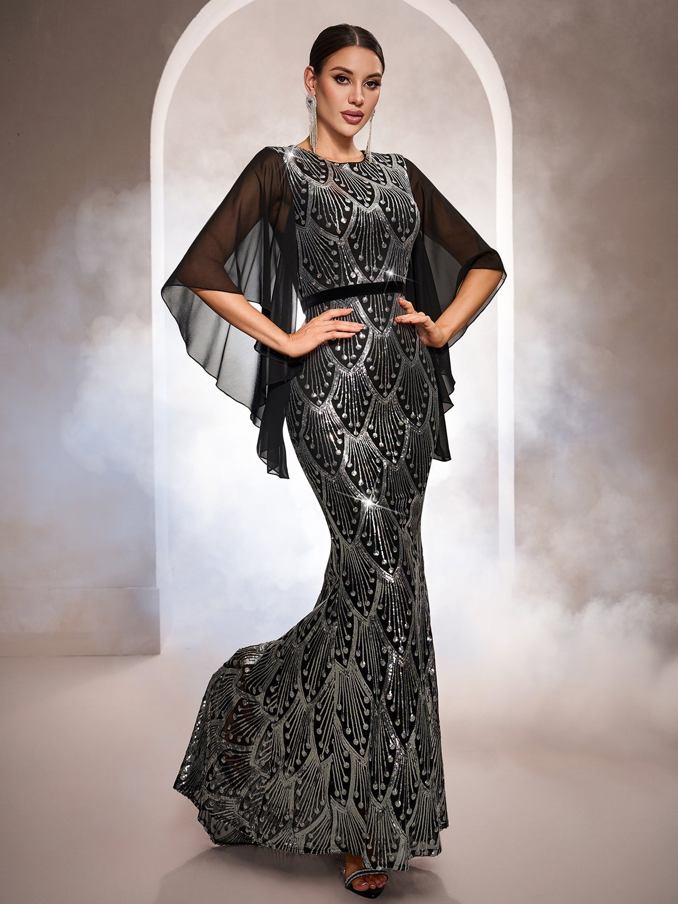 Flowy Cape Sleeves Geometric Sequin Formal Dress GM010195
