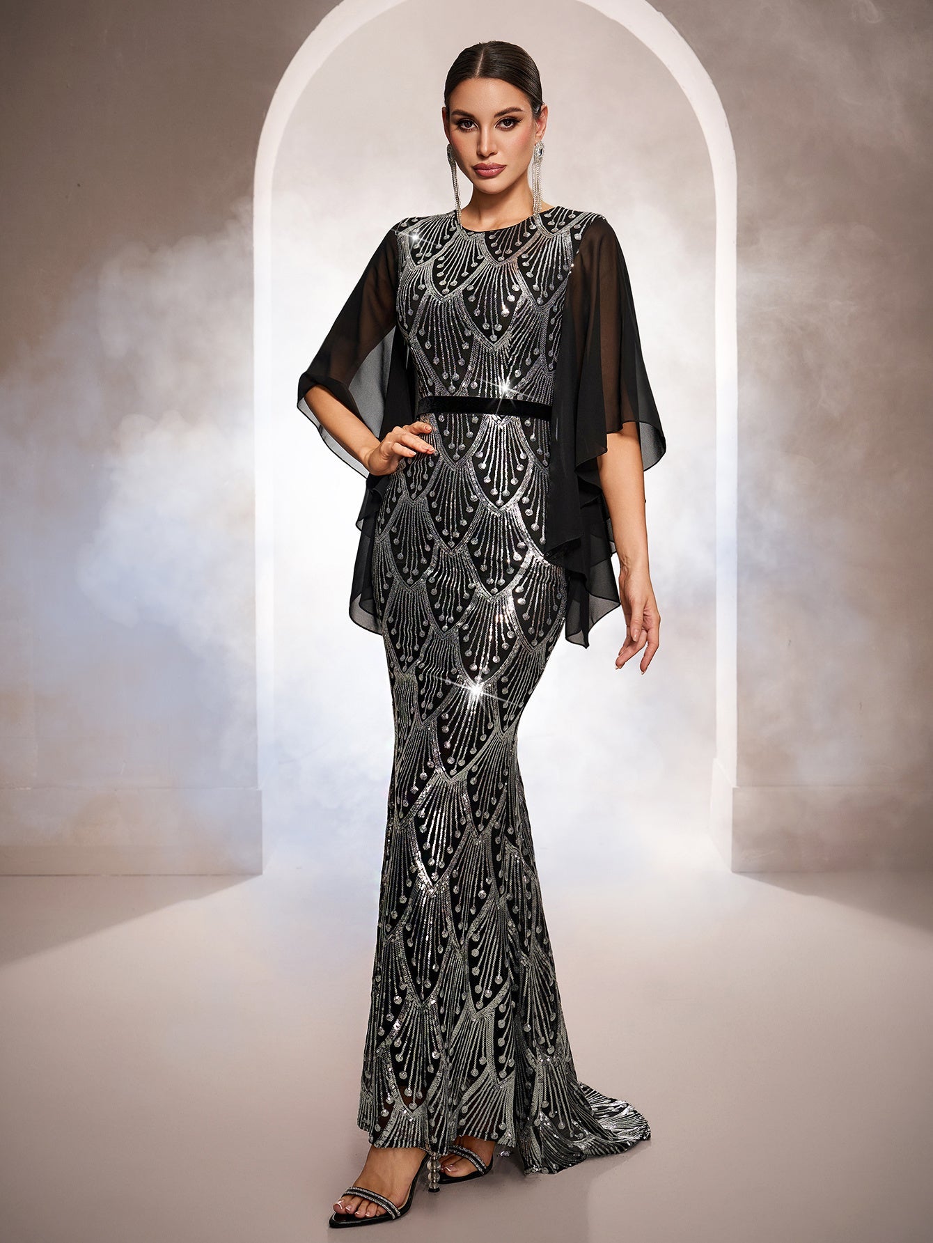 Flowy Cape Sleeves Geometric Sequin Formal Dress GM010195