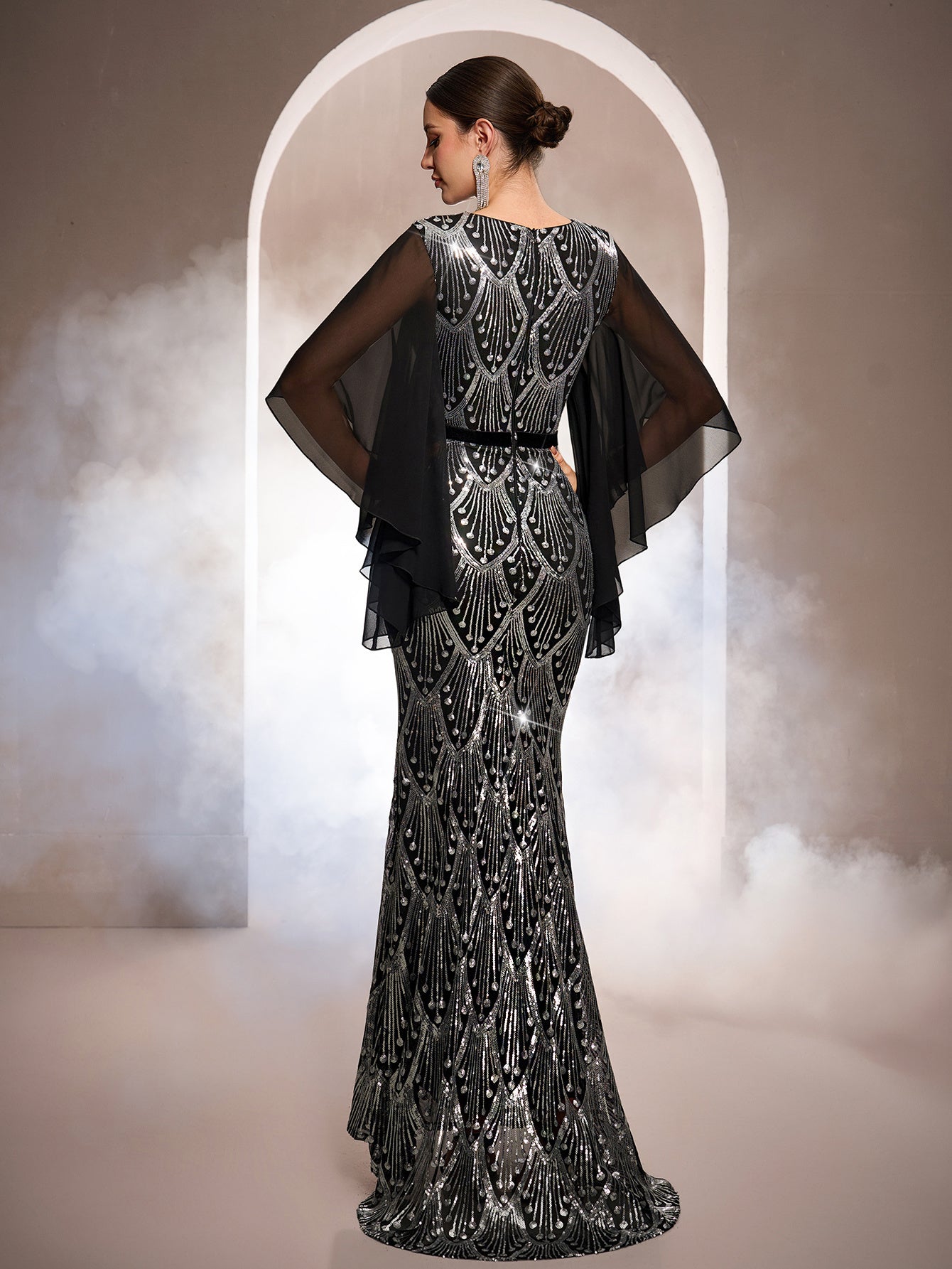 Flowy Cape Sleeves Geometric Sequin Formal Dress GM010195