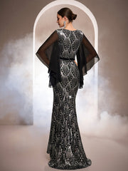 Flowy Cape Sleeves Geometric Sequin Formal Dress GM010195