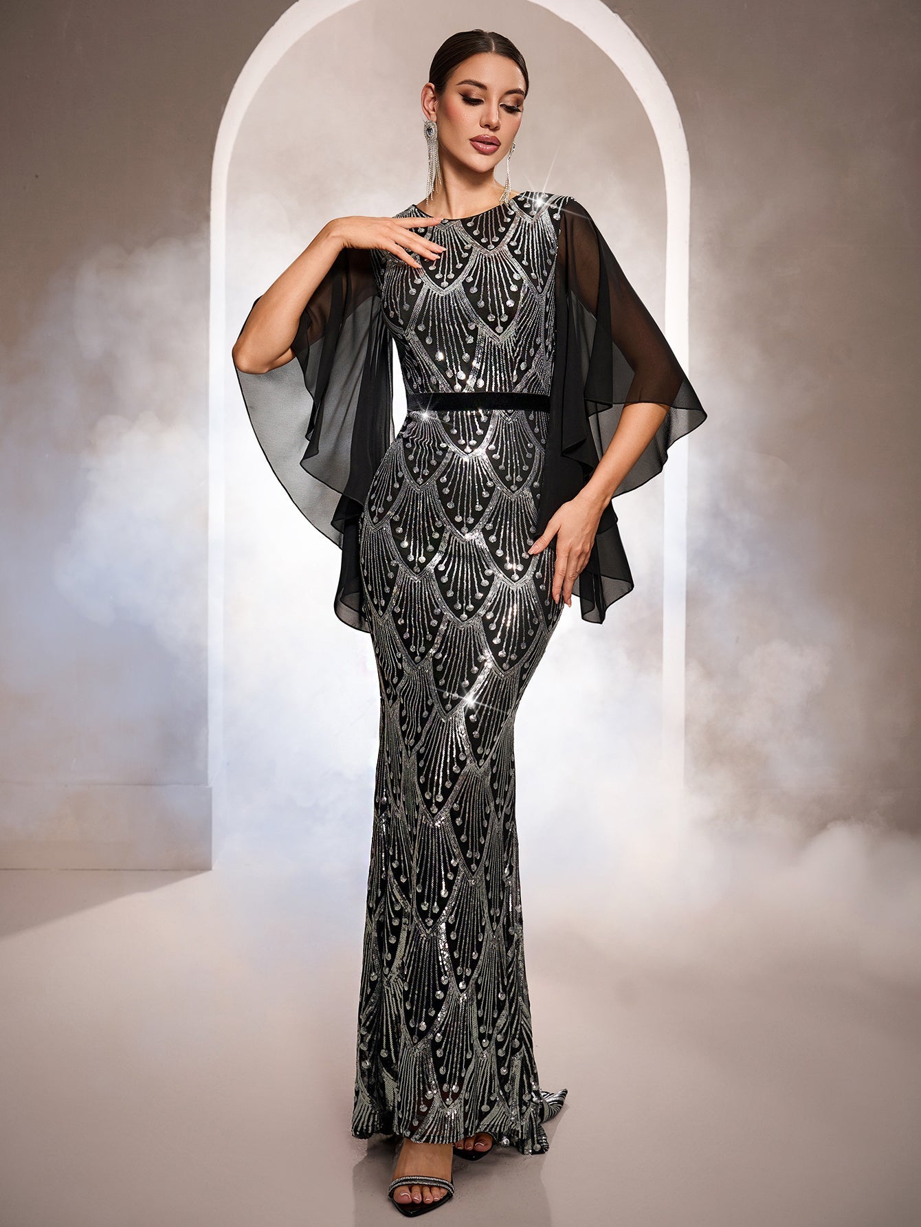 Flowy Cape Sleeves Geometric Sequin Formal Dress GM010195