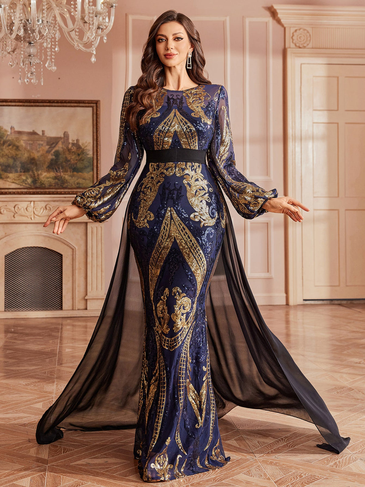 Baroque Sequin Sheer Cape Regal Formal Dress GM010197