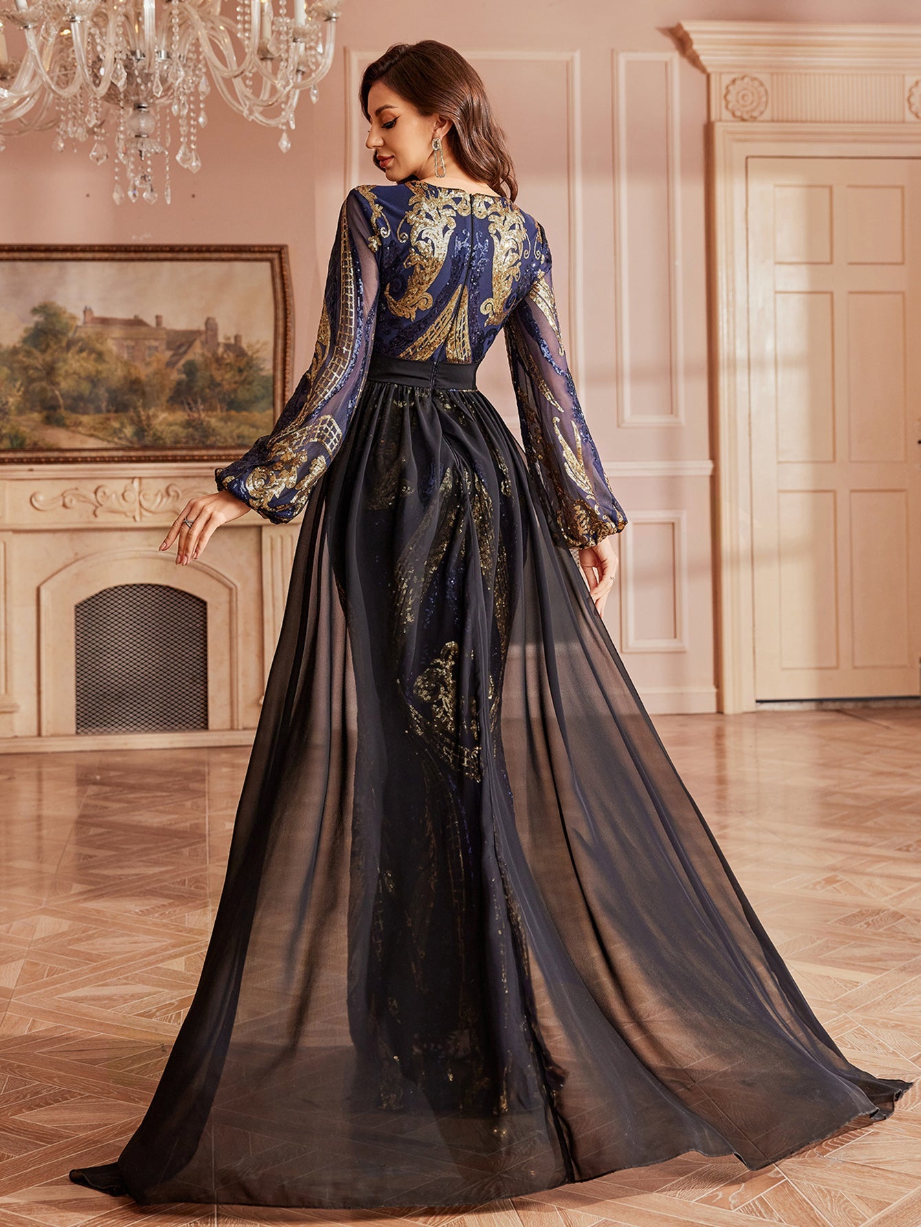 Baroque Sequin Sheer Cape Regal Formal Dress GM010197