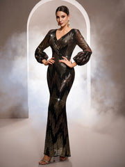 Black Sequin Sheer Puff Sleeve Formal Dress GM010199