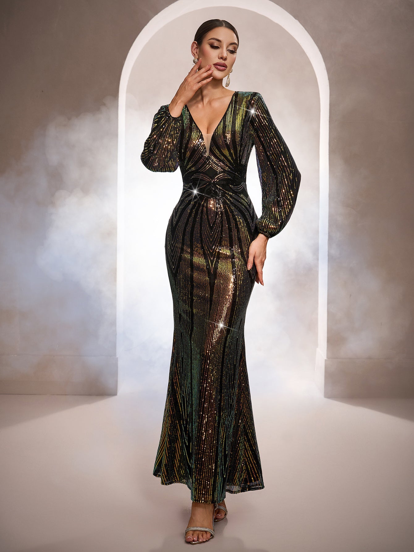 Black Iridescent Sequin Puff Sleeve Formal Dress GM0102