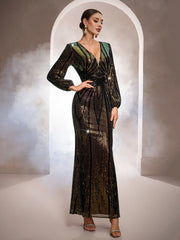 Black Iridescent Sequin Puff Sleeve Formal Dress GM0102