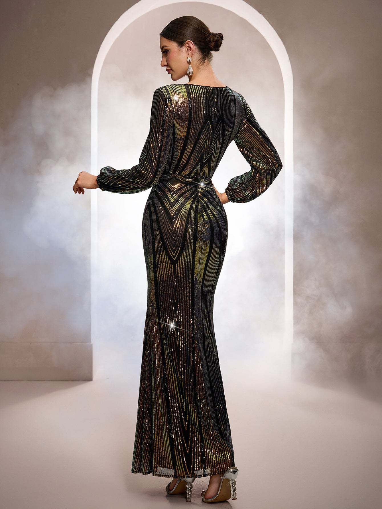 Black Iridescent Sequin Puff Sleeve Formal Dress GM0102