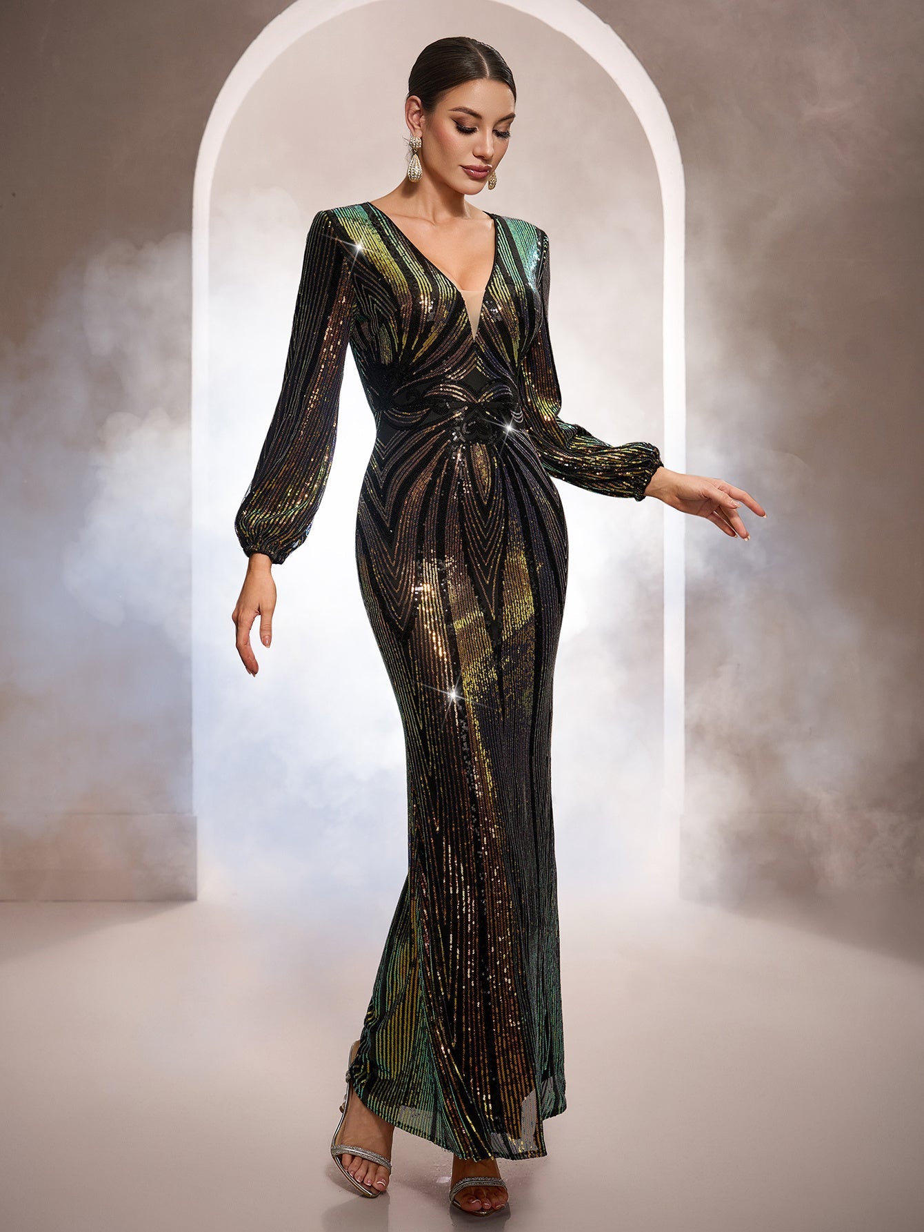 Black Iridescent Sequin Puff Sleeve Formal Dress GM0102