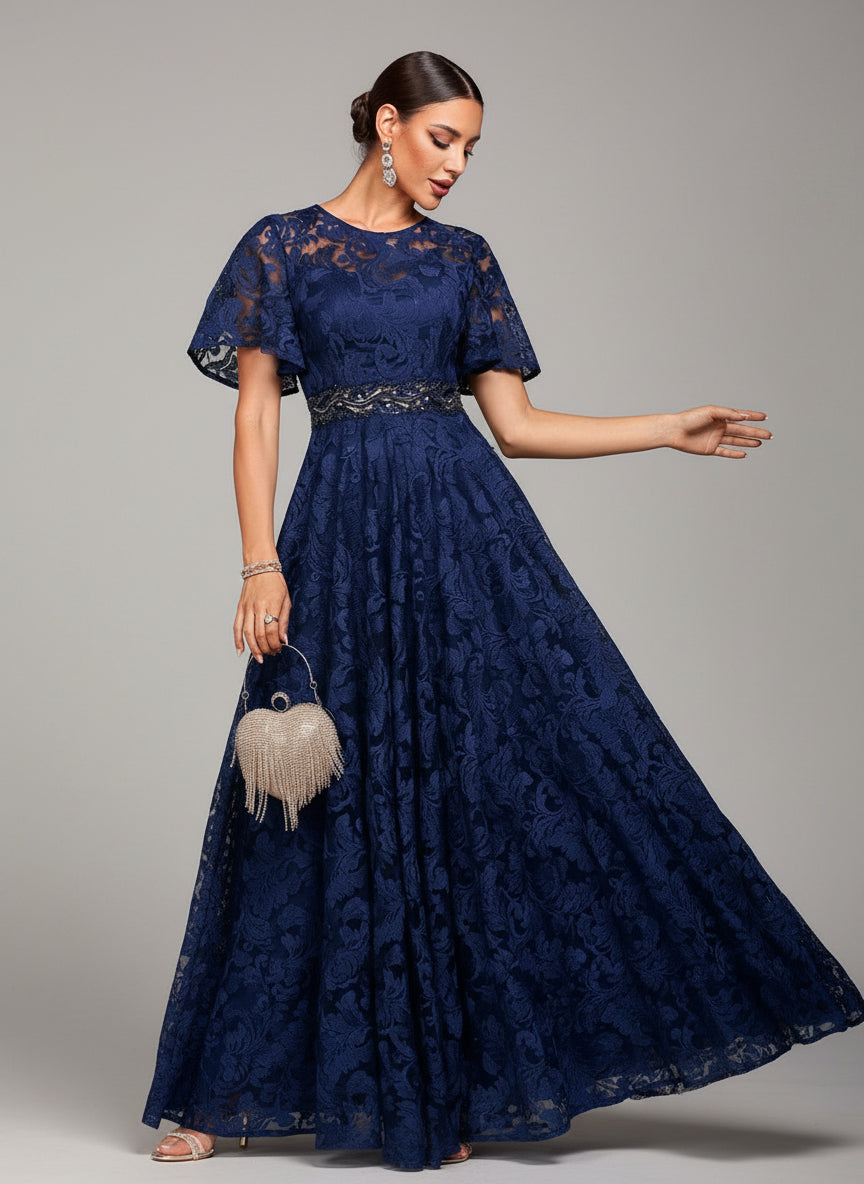 Portia Blue Floral Lace Embroidered Prom Dress