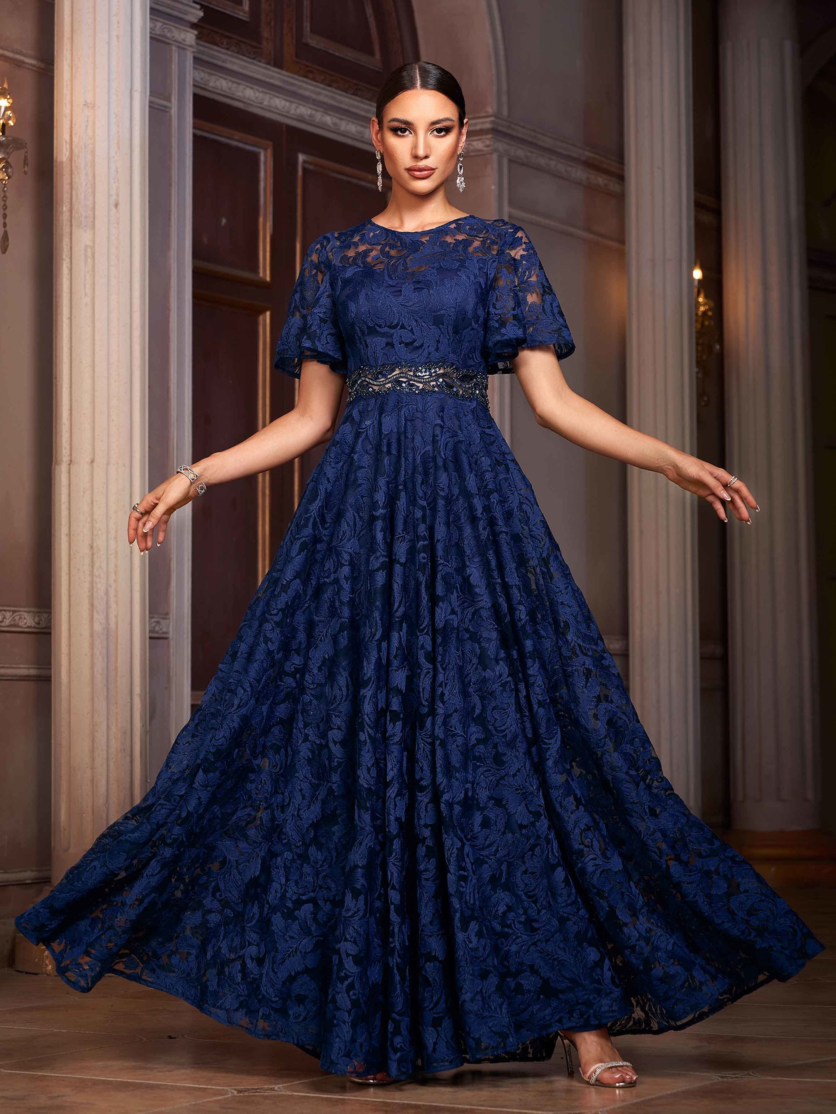 Portia Blue Floral Lace Embroidered Prom Dress