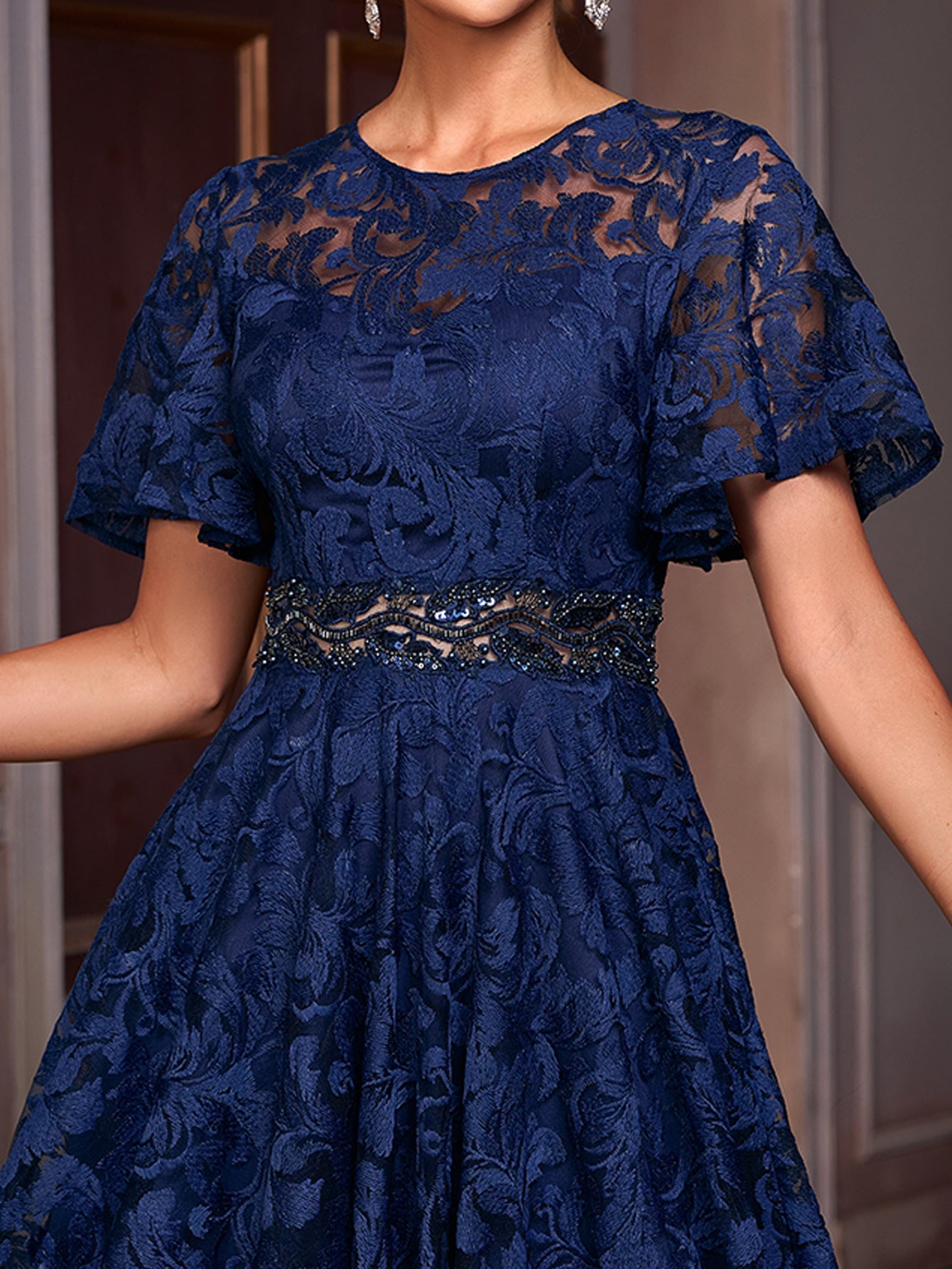Portia Blue Floral Lace Embroidered Prom Dress
