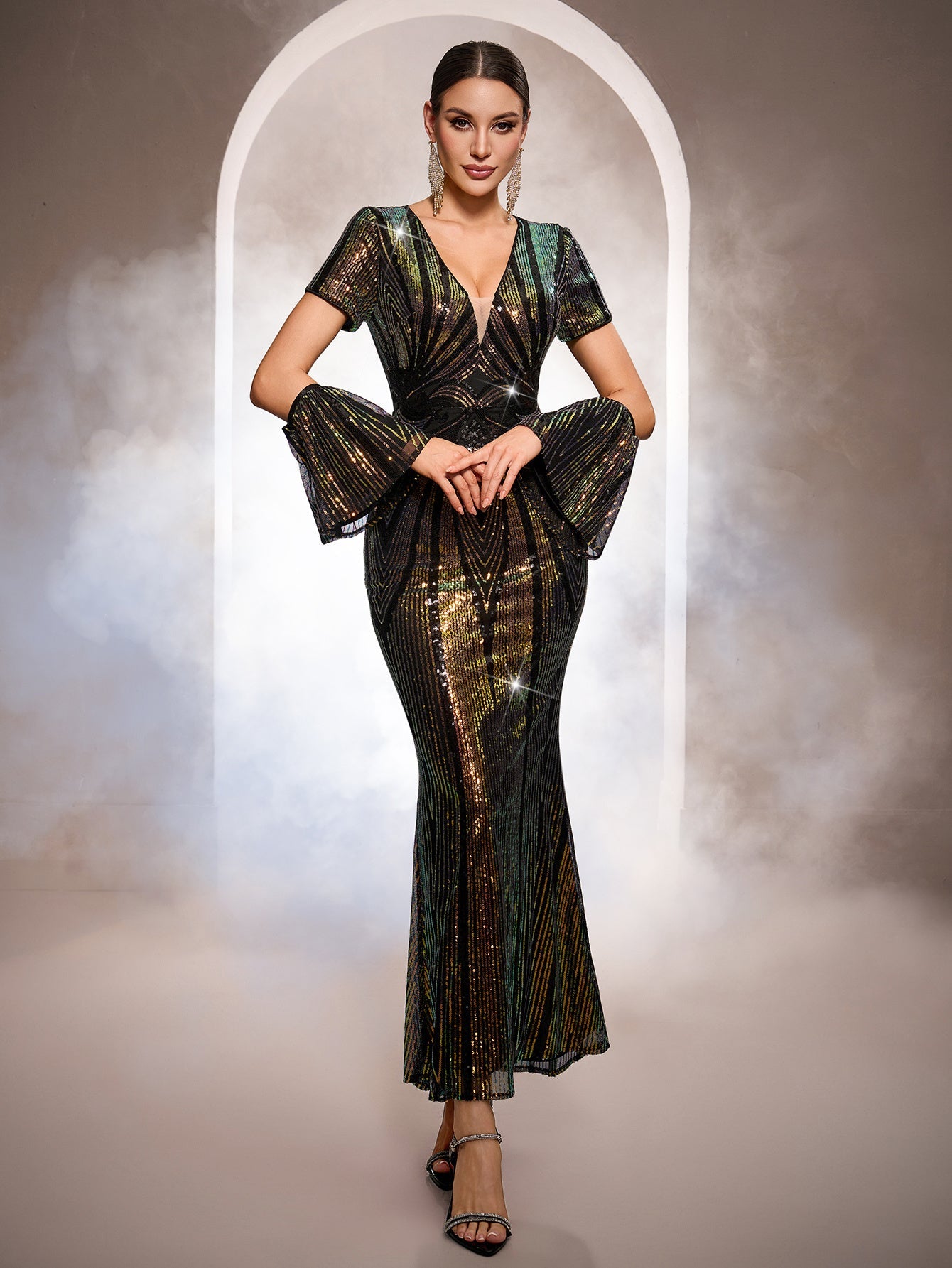 Black Iridescent Sequin Flare Sleeve Formal Dress GM0104