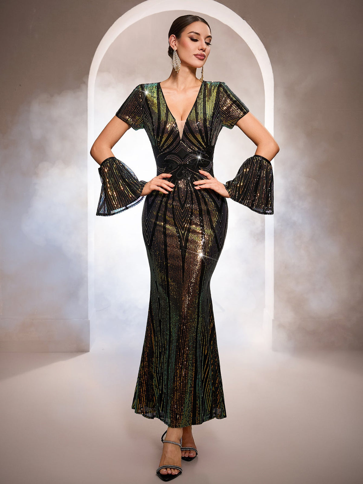 Black Iridescent Sequin Flare Sleeve Formal Dress GM0104