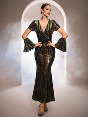 Black Iridescent Sequin Flare Sleeve Formal Dress GM0104