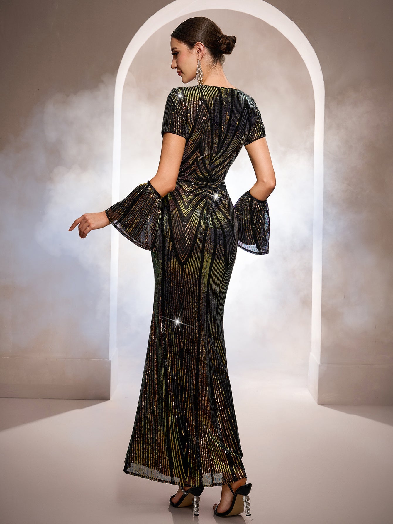 Black Iridescent Sequin Flare Sleeve Formal Dress GM0104