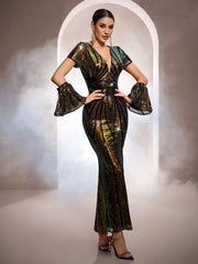 Black Iridescent Sequin Flare Sleeve Formal Dress GM0104