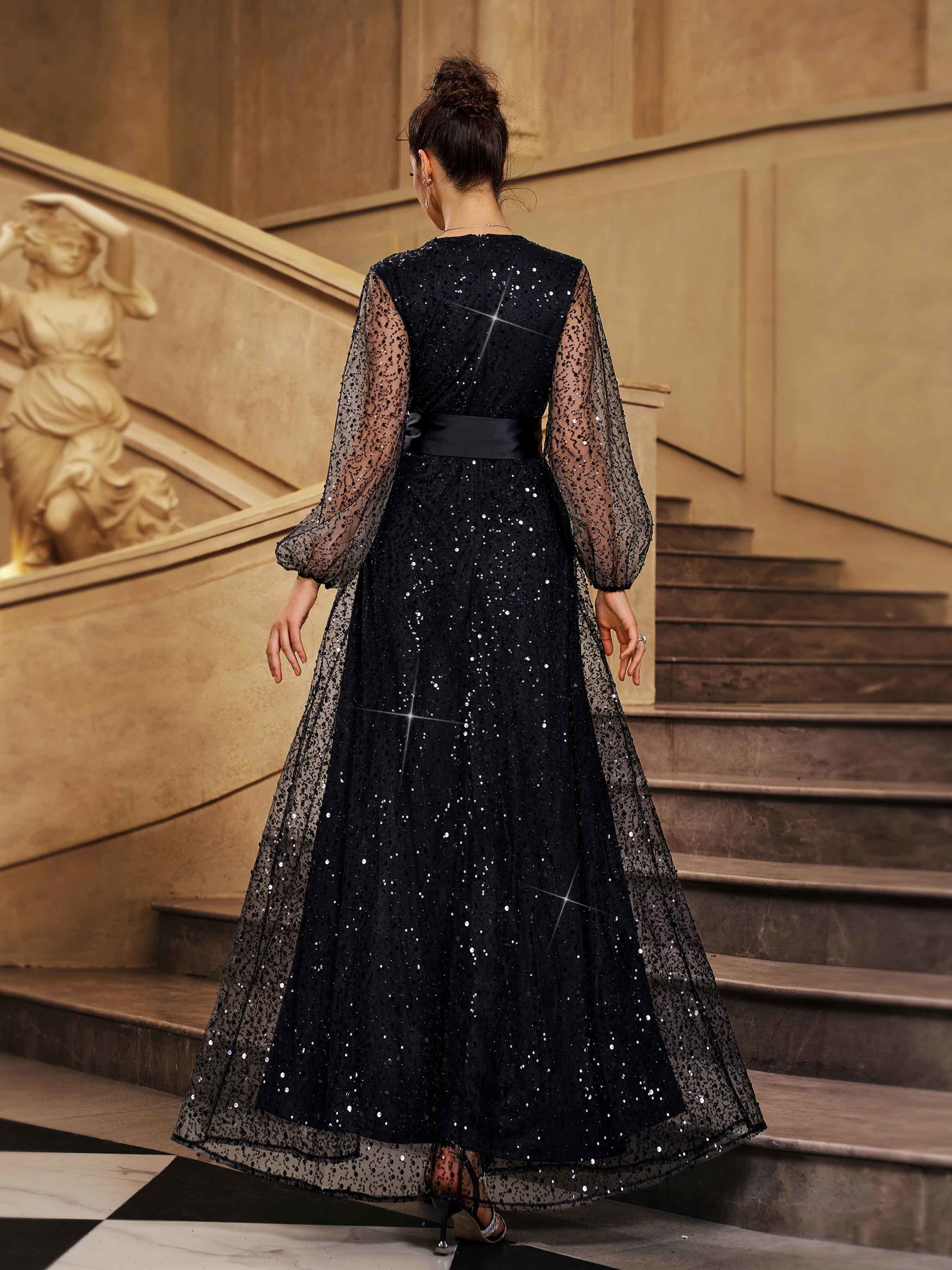 Long Sleeve Knot A-line Sequin Prom Dress GM01058
