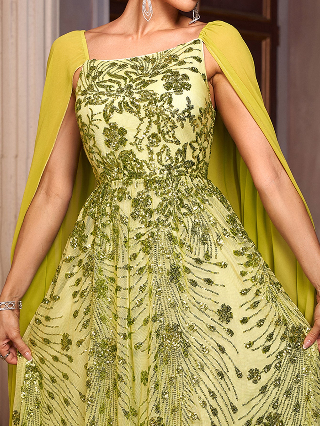 Green Floral Sequin Cape Sleeve Prom Dress GM01067