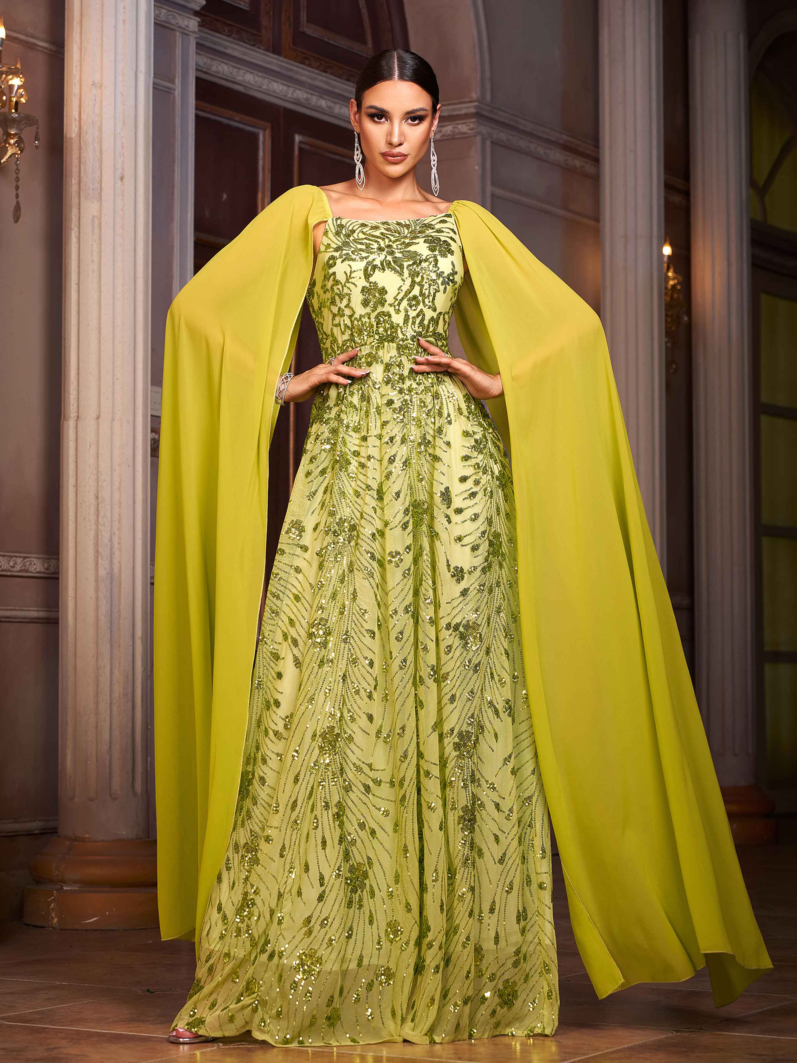 Green Floral Sequin Cape Sleeve Prom Dress GM01067