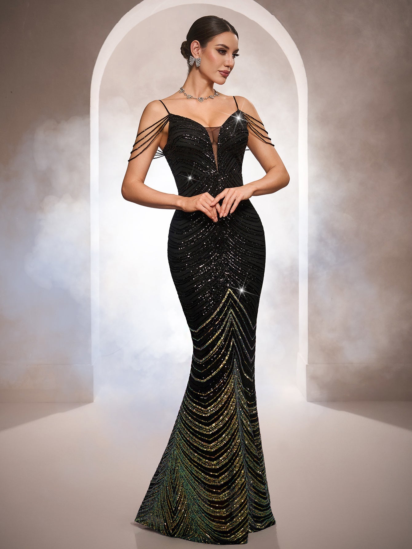 Luxury Striped Sequin Beaded Prom Dress GM0107