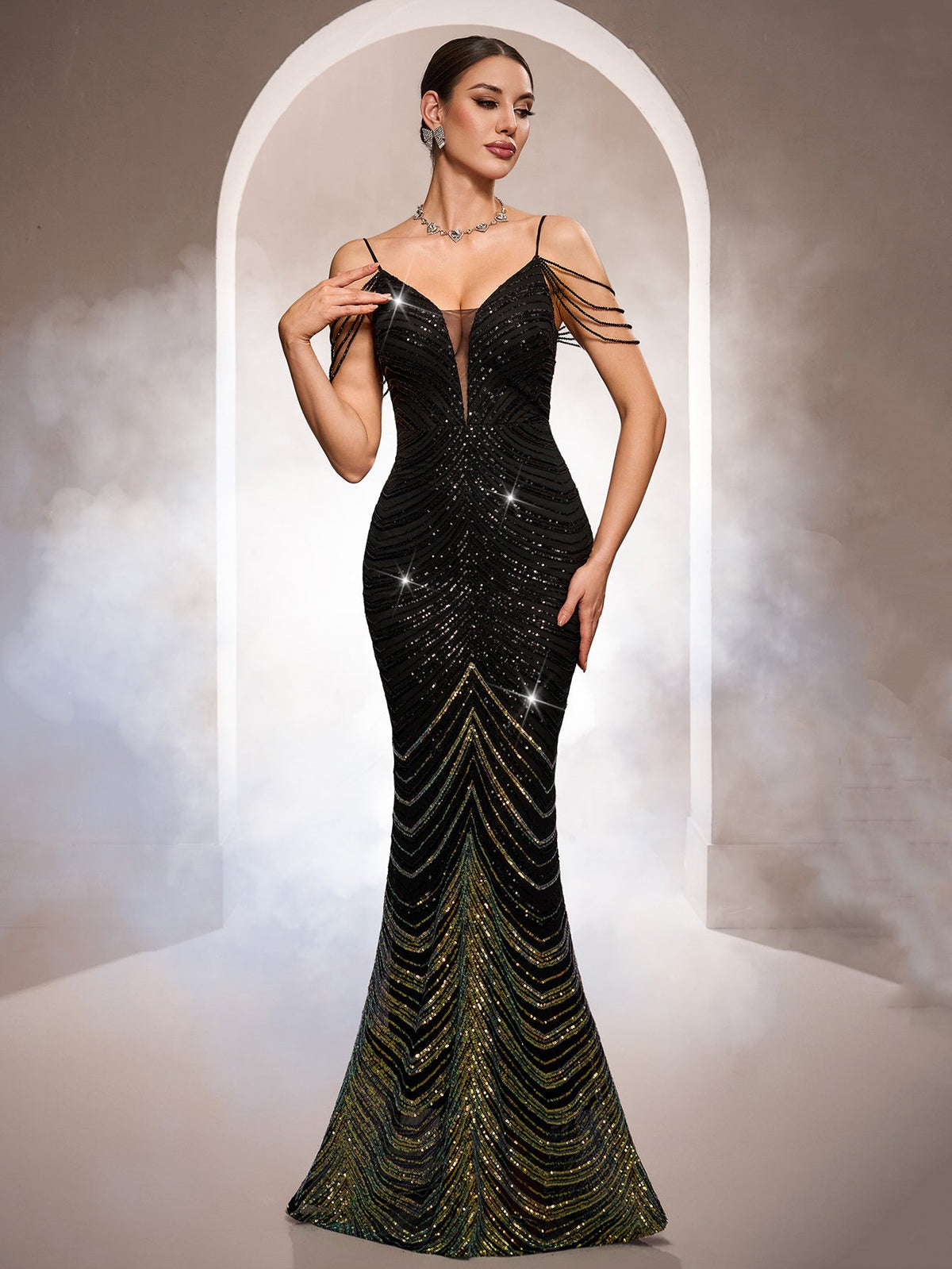 Luxury Striped Sequin Beaded Prom Dress GM0107