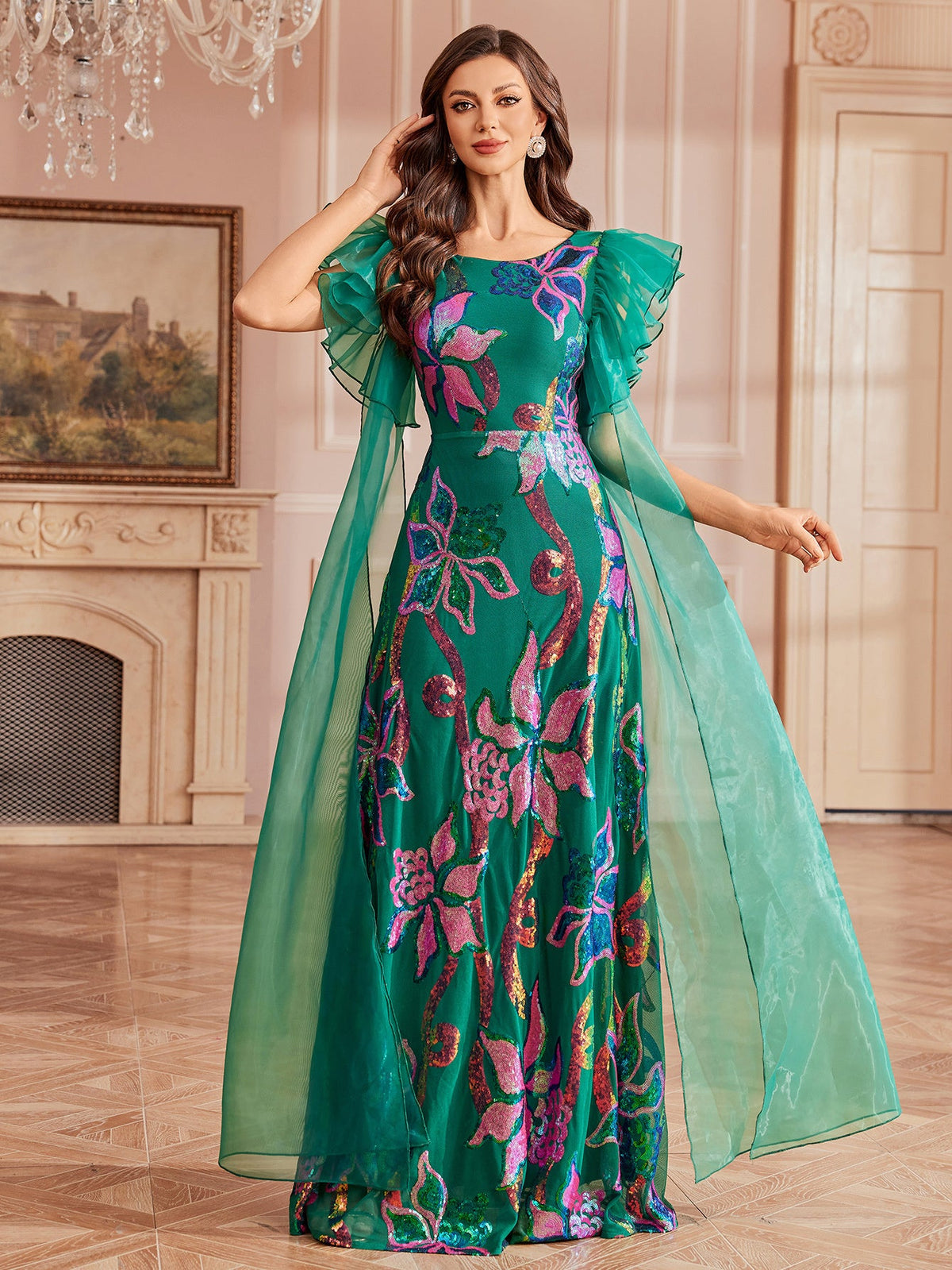 Green Floral Sequin Ruffled Mesh Prom Dress GM0122