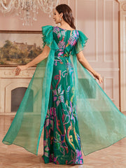 Green Floral Sequin Ruffled Mesh Prom Dress GM0122